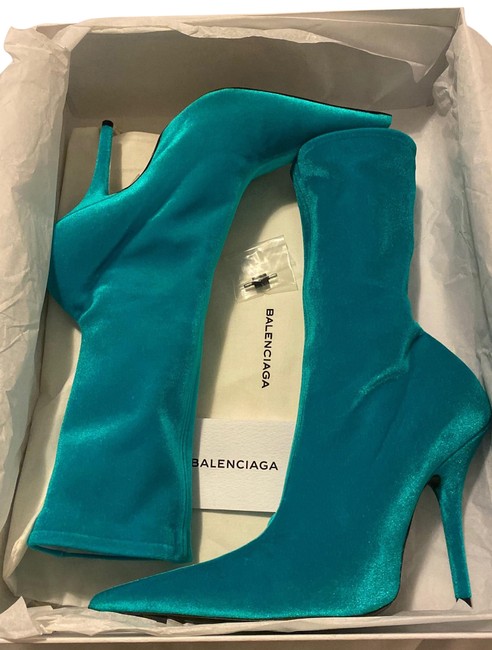 Balenciaga Turquoise Knife Velvet Velours Ankle Boots Heels Womens Pumps