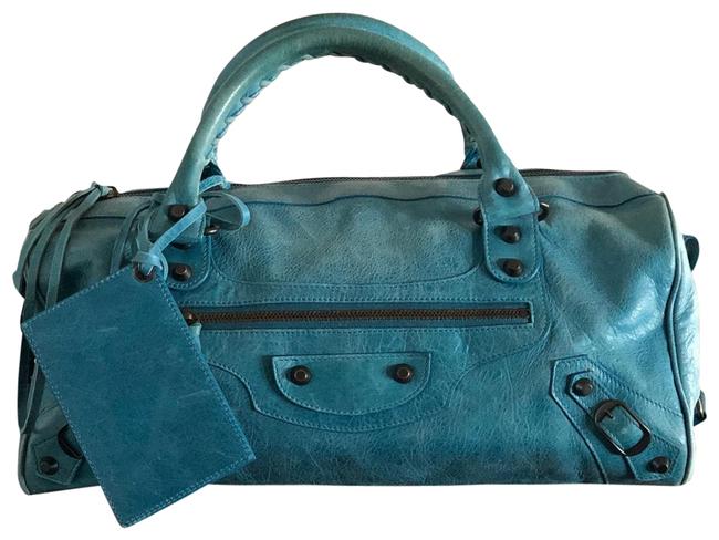 Balenciaga Twiggy Motorcycle Blue Leather Satchel
