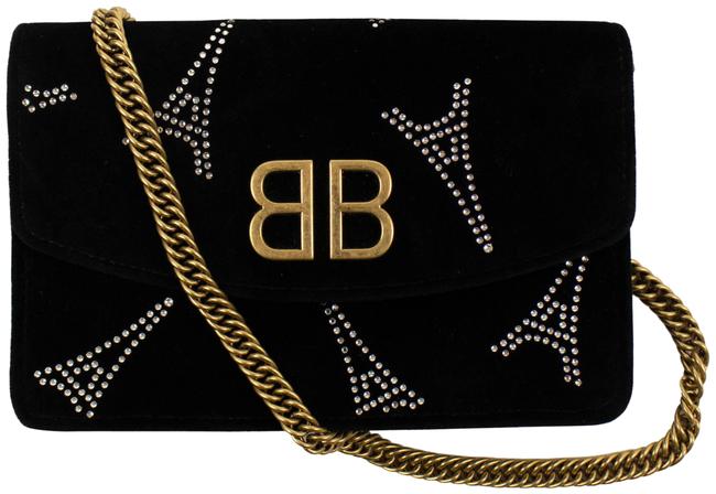 Balenciaga With Silver Eiffel Tower Embellished Black Velvet Shoulder Bag