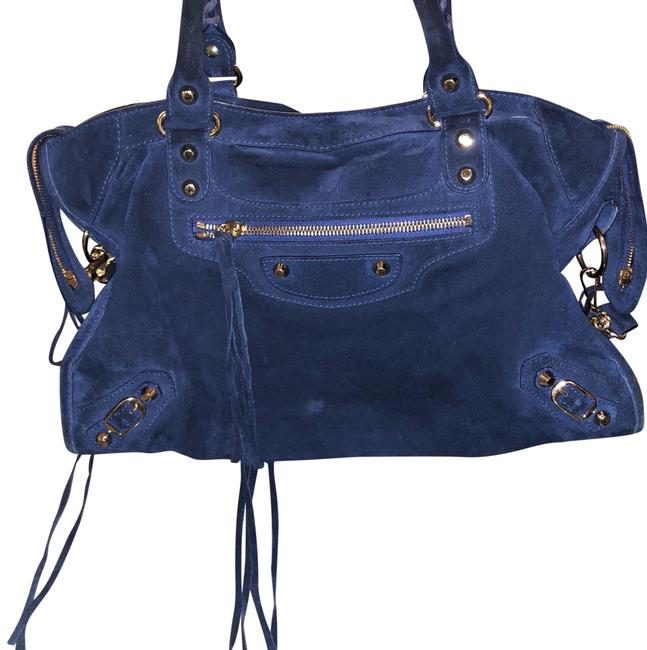 Balenciaga Baby Daim City Blue Suede Leather Satchel