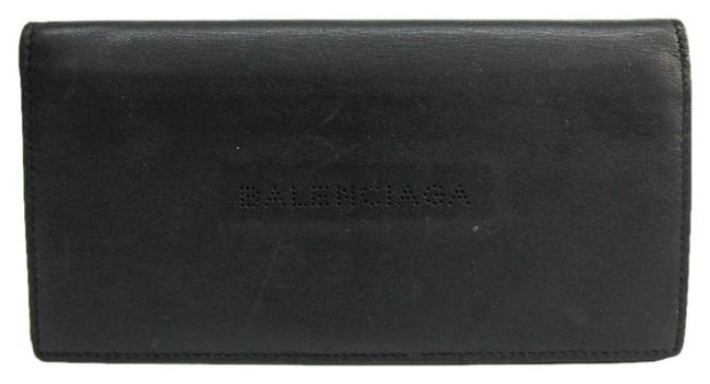 Balenciaga Black Long Punching Logo 456505 Unisex Calfskin Bi fold Wallet