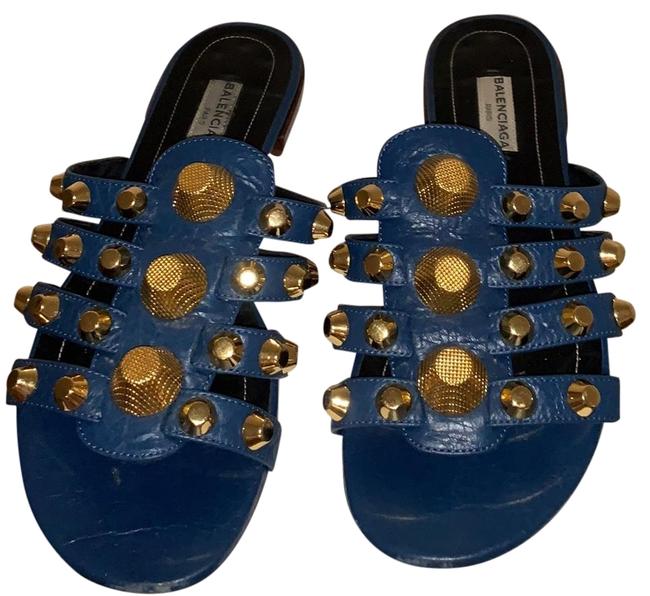 Balenciaga Blue Arena Gold Studded Flat Sandals
