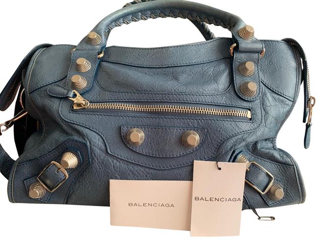 Balenciaga Blue Calfskin Leather Satchel