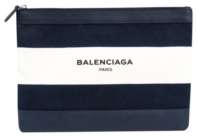 Balenciaga Clip M 420407 Womens NavyWhite LeatherCanvas Clutch