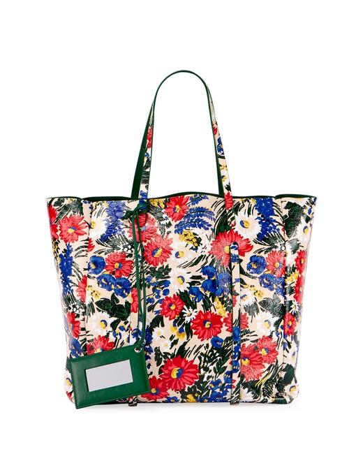 Balenciaga Everyday Floral Animation Green White Lambskin Leather Tote