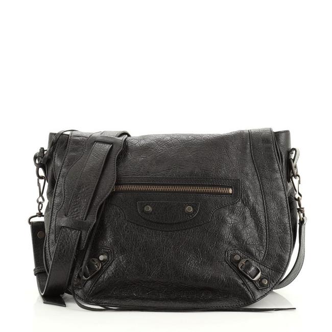 Balenciaga Folk Classic Studs Black Leather Messenger Bag