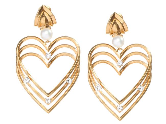 Balenciaga Gold Tone Crystals and Faux Pearl Heart Clip on Earrings