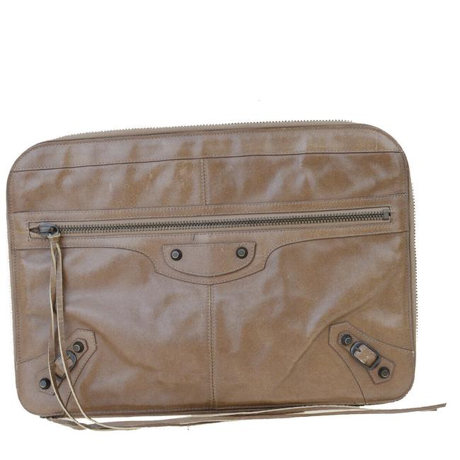 Balenciaga Logo Hand In Italy Brown Leather Clutch