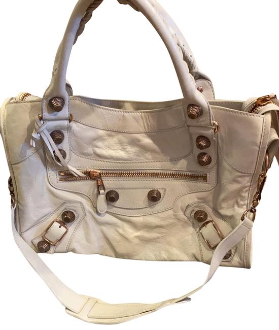 Balenciaga Rare Large Rose Gold Hardware White Waxed Leather Satchel