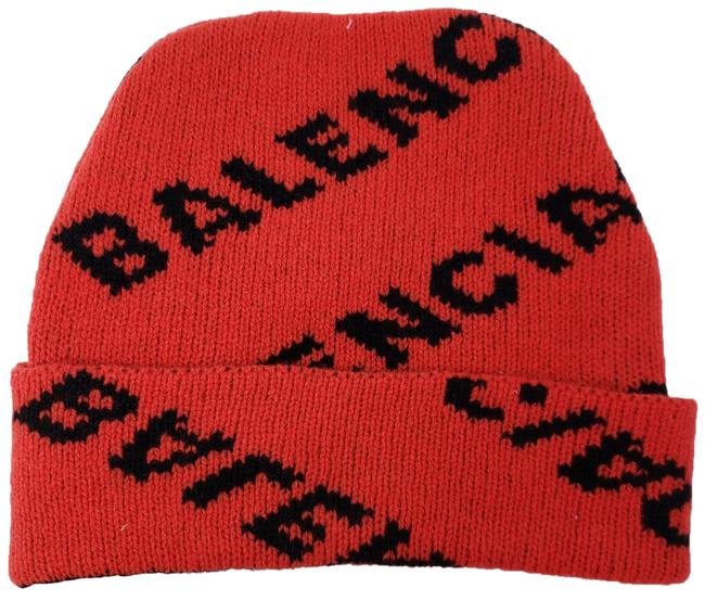 Balenciaga Red Persimmon Black Monogram Printed Beanie Hat