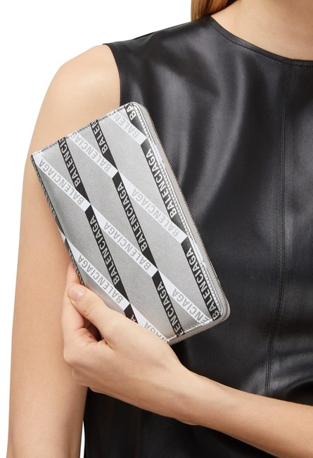 Balenciaga Silver Leather Everyday Continental Signature Print Wallet