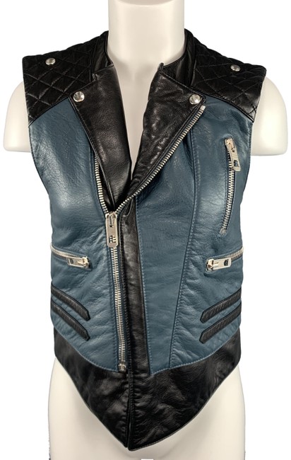 Balenciaga Teal BlackBlue Quilted Leather Biker Vest Jacket8 M