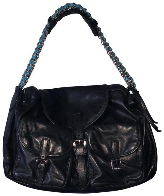 Balenciaga Turquoise Chain Handle Black Leather Shoulder Bag