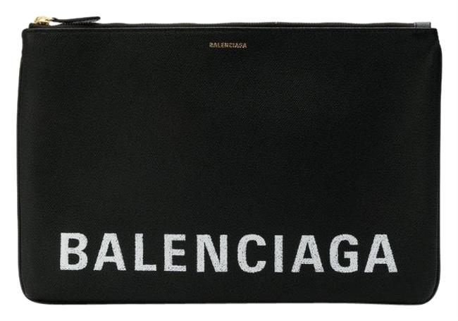 Balenciaga Ville Logo Printed Pouch Black Leather Clutch