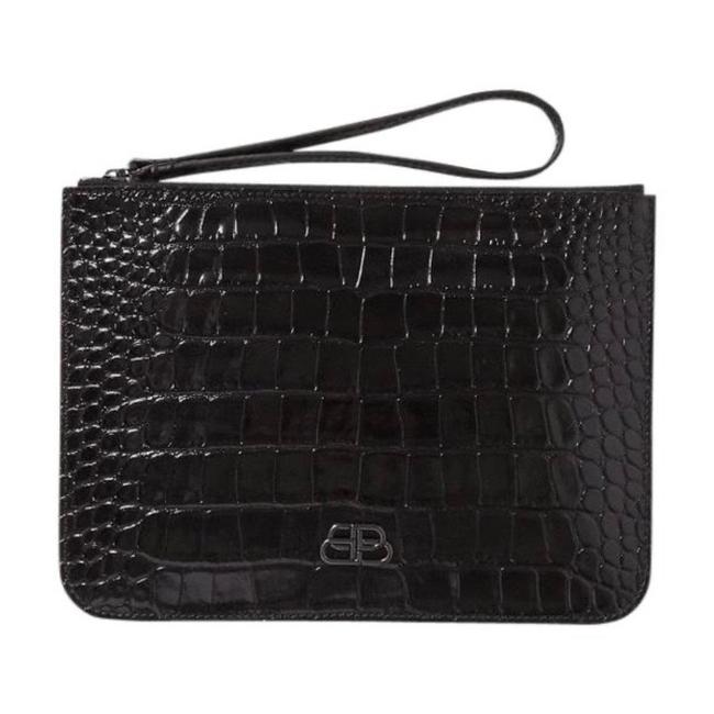 Balenciaga Bb Logo Crocodile Effect Leather Wristlet Pouch Clutch