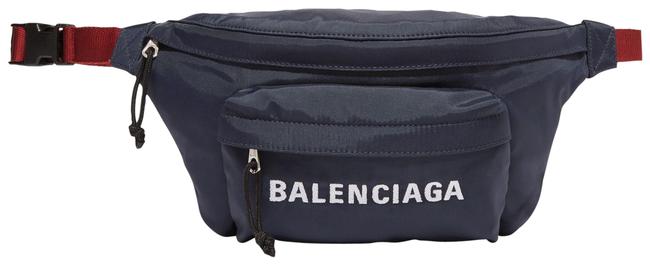 Balenciaga Belt Wheel Logo Embroidered Navy Nylon Cross Body Bag