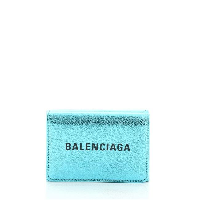 Balenciaga Blue Logo Trifold Metallic Leather Wallet