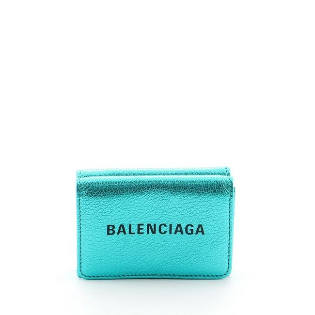 Balenciaga Blue Metallic Logo Trifold Leather Wallet