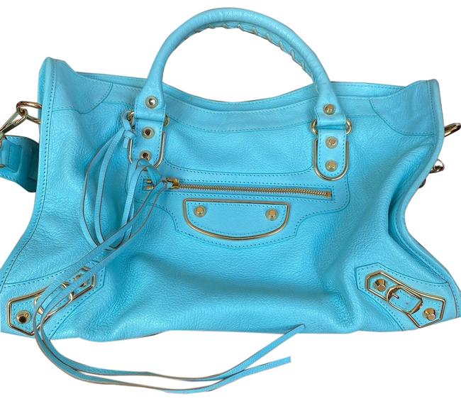 Balenciaga City Classic Studs Aqua Blue Leather Satchel