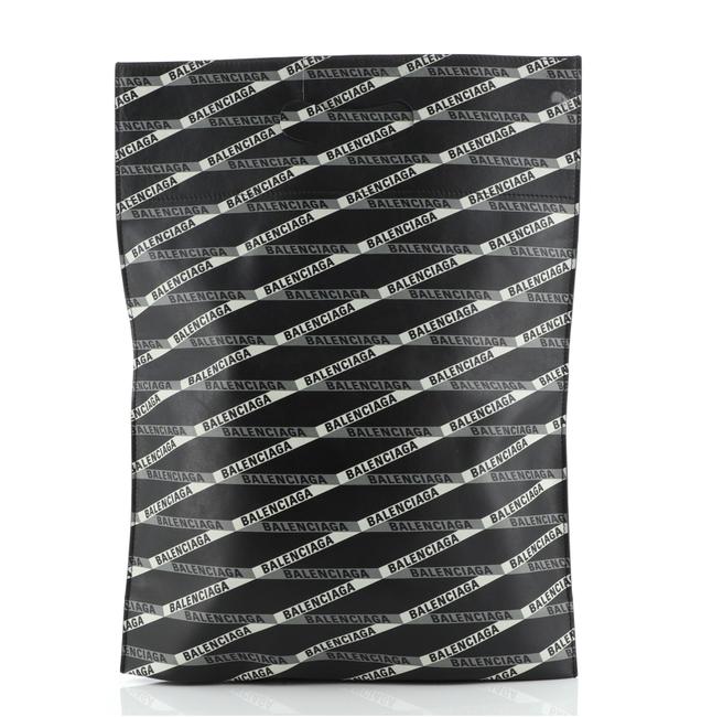 Balenciaga Fold Over Monogram Printed Black Leather Tote