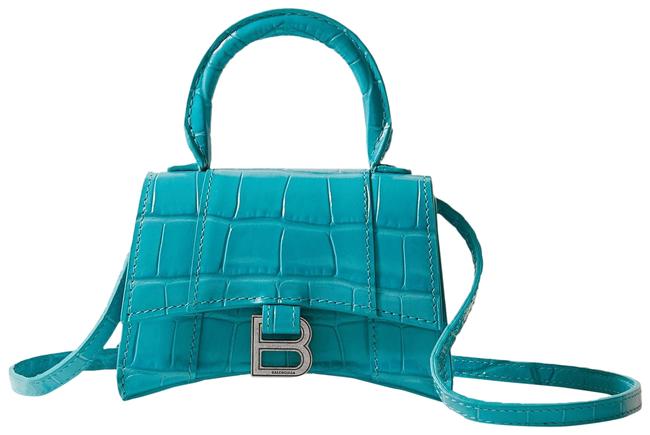 Balenciaga Hourglass Nano Croc effect Tote Turquoise Leather Cross Body Bag