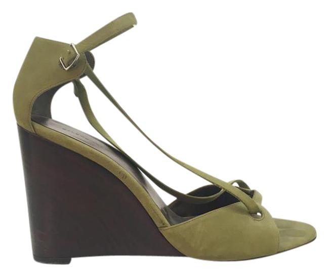 Balenciaga Olive Green Suede Peep Toe Wedge Sandals
