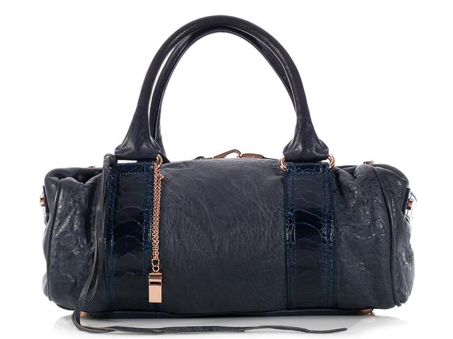 Balenciaga Ostrich Leg Trim Whistle Navy Blue Leather Satchel