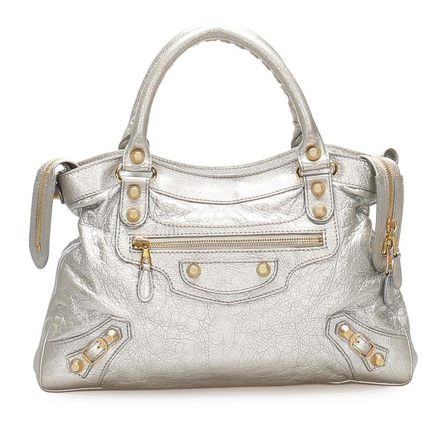 Balenciaga Silver Lambskin Leather Satchel