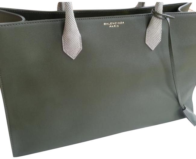 Balenciaga Snake Skin Handle Army Green Leather Satchel