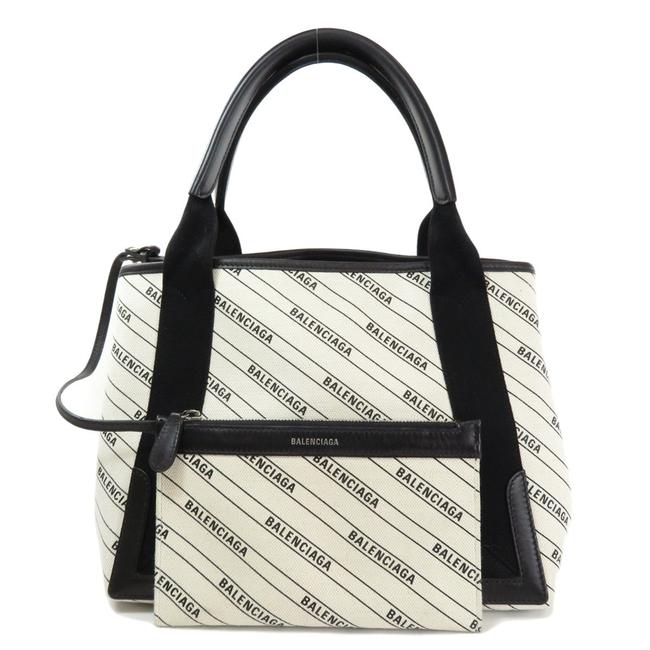 Balenciaga Tote Bag 339933 Navy Kabas Logo Striped Ladies BlackWhite Canvas