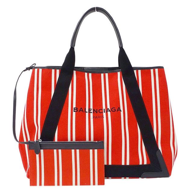 Balenciaga Tote Bag Navy Hippo Stripe Red ColorWhite Canvas