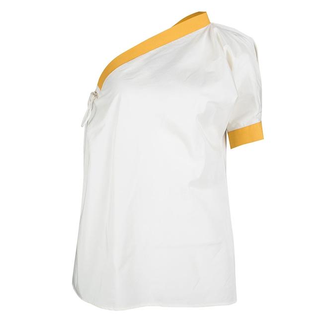 Bottega Veneta Cream and Yellow Tie Detail One Shoulder Blouse