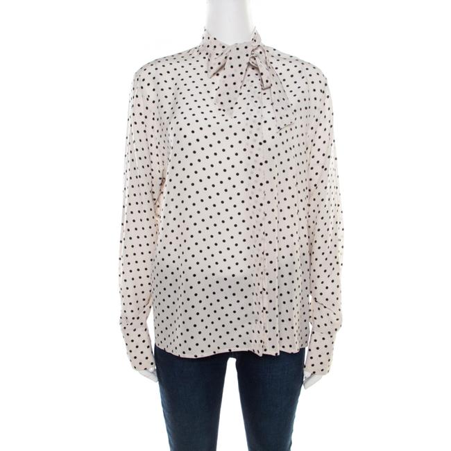 Bottega Veneta Mist White and Black Polka Dotted Silk Neck Tie Detail Blouse
