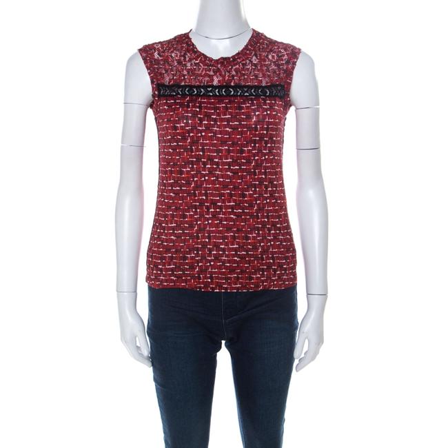 Bottega Veneta Red Microsquare Printed Cotton and Lace Yoke Sleeveless Blouse