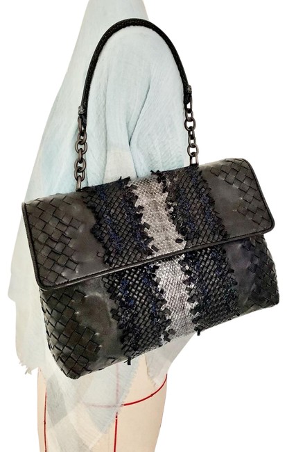 Bottega Veneta Black Woven Snake Trim Handbag Navy Leather Satchel