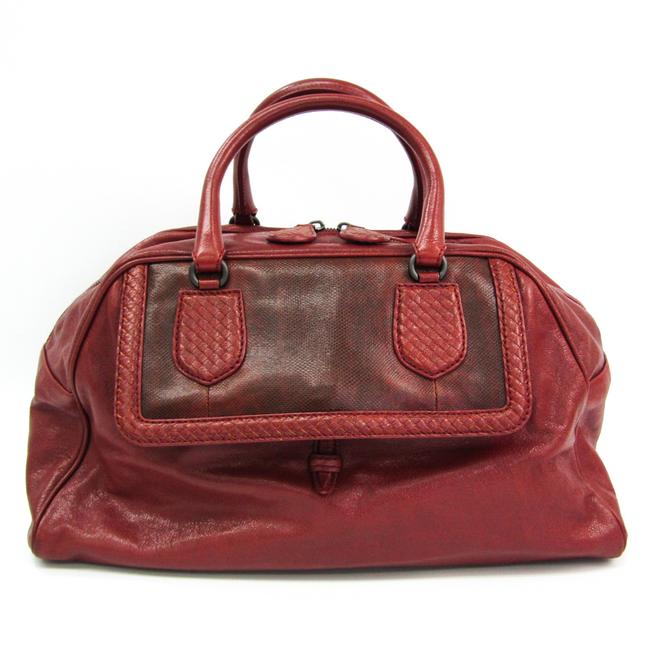 Bottega Veneta Boston Bag Intrecciato Unisex Red Brown Leather Satchel