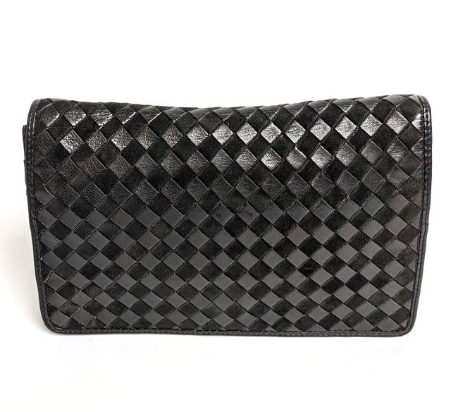 Bottega Veneta Intrecciato Woven Suede Black Leather Clutch
