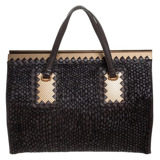 Bottega Veneta Dark Brown Intrecciato Leather Stitches Frame Tote