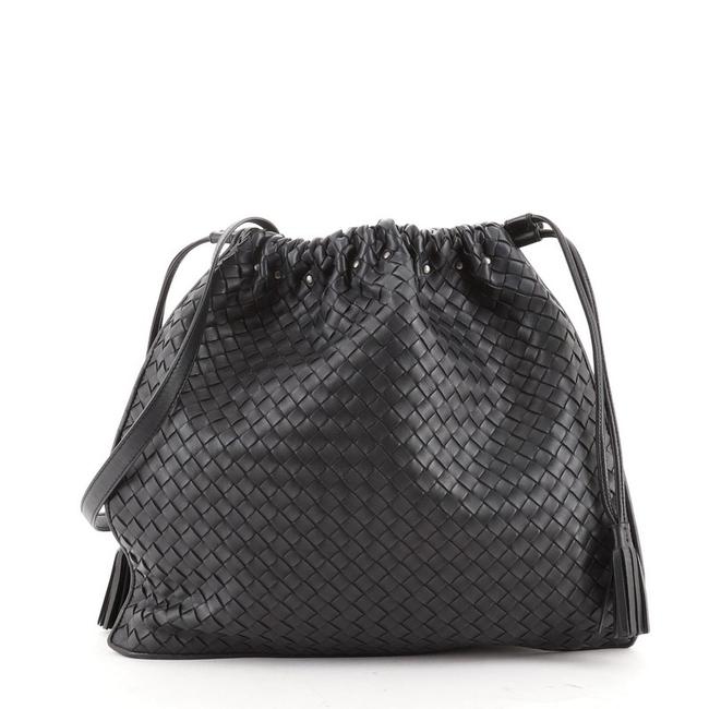 Bottega Veneta Drawstring Tassel Intrecciato Nappa Medium Black Leather Tote