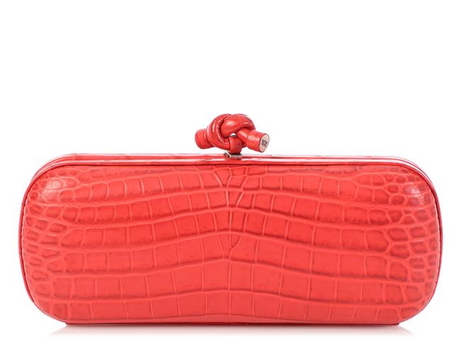 Bottega Veneta Elongated Knot Red Crocodile Skin Leather Clutch