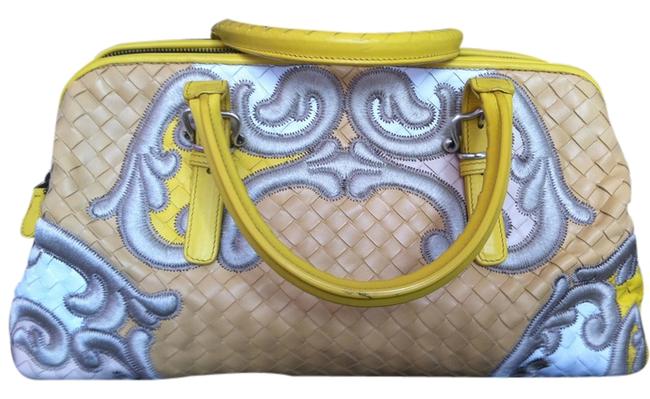 Bottega Veneta Embroidered Trim YellowWhiteTanBeige Leather Intrecciato Tote