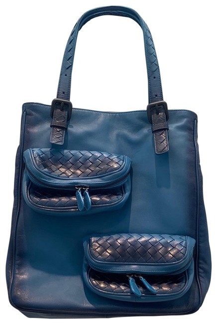 Bottega Veneta Iridescent Scarabee Multi Pocket Blue Leather Tote