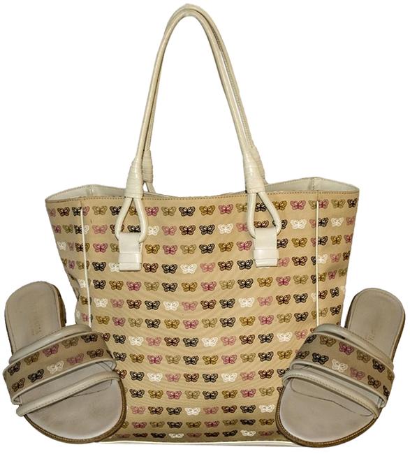 Bottega Veneta Ivory BeigePinkBlack CanvasLeather Tote