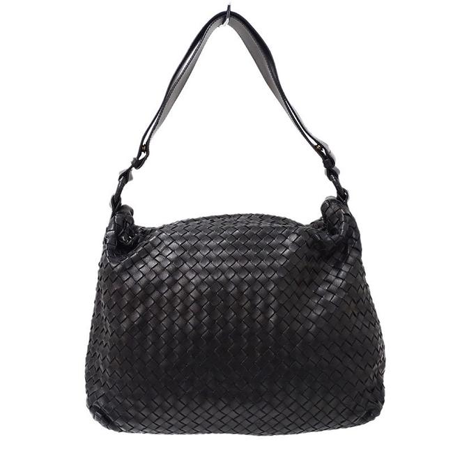 Bottega Veneta Leather Black Intrecciato Shoulder Bag