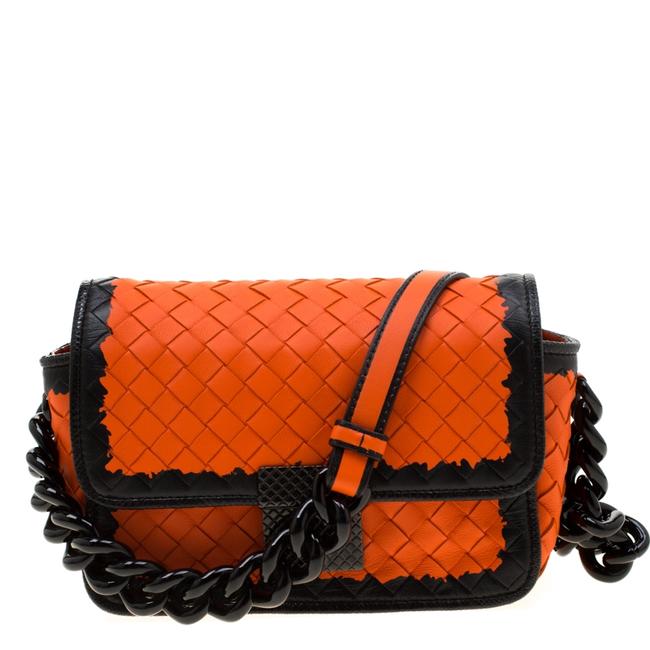 Bottega Veneta OrangeBlack Intrecciato Leather Mini Glass Shoulder Bag