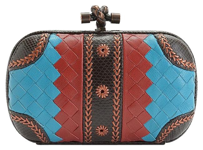 Bottega Veneta Rdc10043 BlueRed Woven Knot BlueRedBrown Leather Clutch