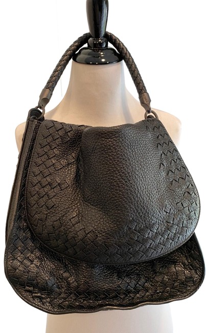 Bottega Veneta Woven with Flap Black Calfskin Leather Hobo Bag