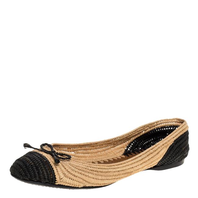 Bottega Veneta BeigeBlack Raffia Bow Cap Toe Ballet40 Flats