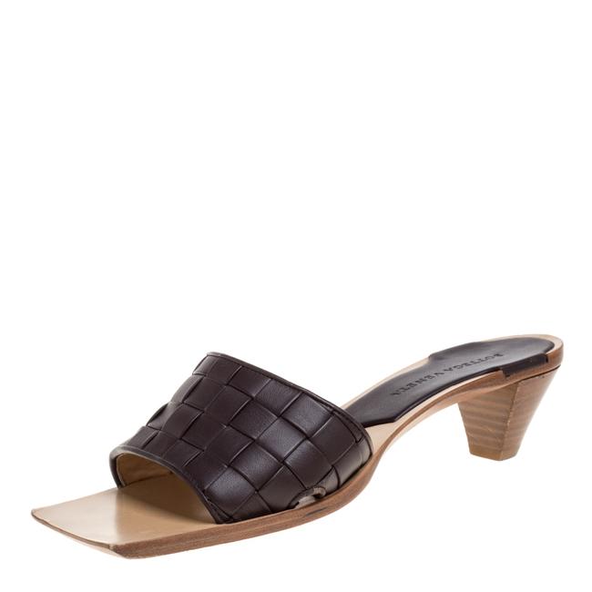Bottega Veneta Brown Intrecciato Leather Square Toe Slide37 Sandals