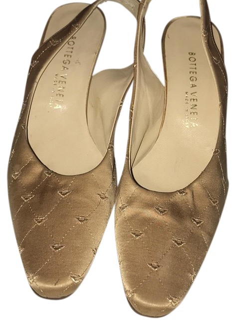 Bottega Veneta Gold Satin Monogrammed Backs Pumps